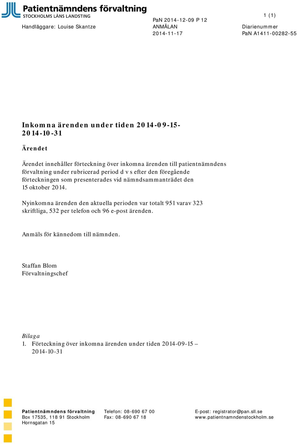 Nyinkomna ärenden den aktuella perioden var totalt 951 varav 323 skriftliga, 532 per telefon och 96 e-post ärenden. Anmäls för kännedom till nämnden. Staffan Blom Förvaltningschef Bilaga 1.