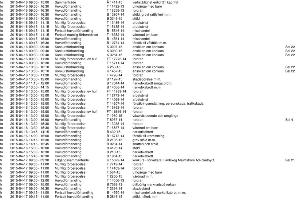 m. to 2015-04-16 09:15-10:00 Huvudförhandling B 3349-15 stöld to 2015-04-16 09:15-11:15 Muntlig förberedelse T 13436-14 arbetstvist to 2015-04-16 09:15-11:15 Muntlig förberedelse T 15135-14