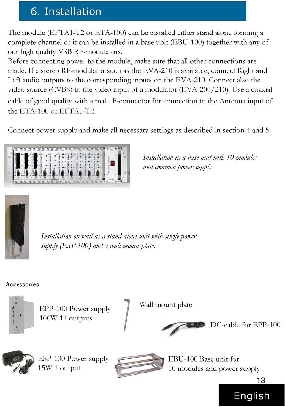 If a stereo RF-modulator such as the EVA-210 is available, connect Right and Left audio outputs to the corresponding inputs on the EVA-210.
