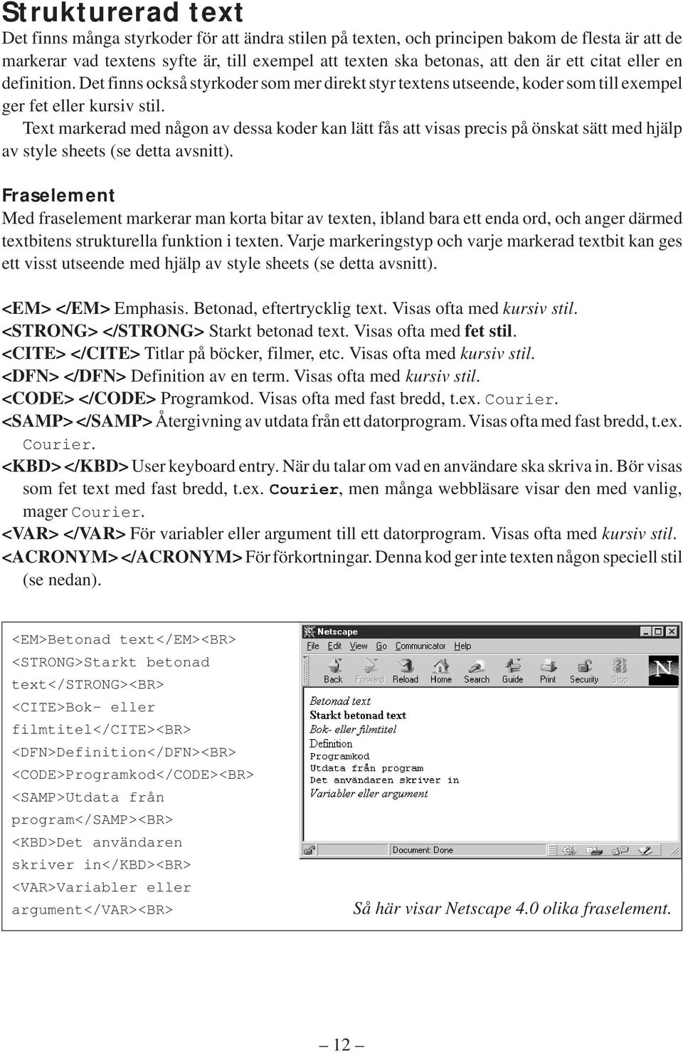 Text markerad med någon av dessa koder kan lätt fås att visas precis på önskat sätt med hjälp av style sheets (se detta avsnitt).