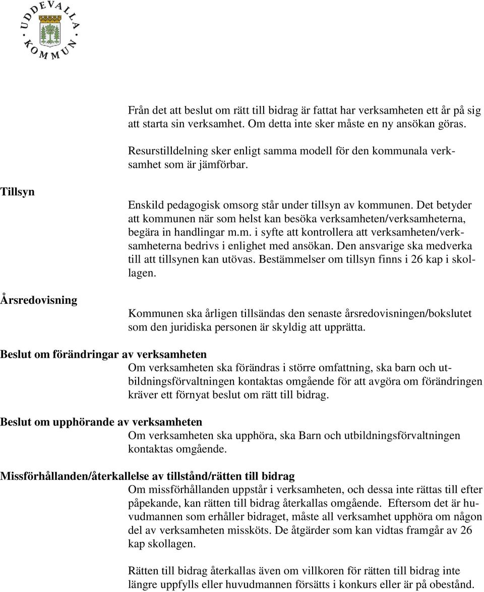 Det betyder att kommunen när som helst kan besöka verksamheten/verksamheterna, begära in handlingar m.m. i syfte att kontrollera att verksamheten/verksamheterna bedrivs i enlighet med ansökan.