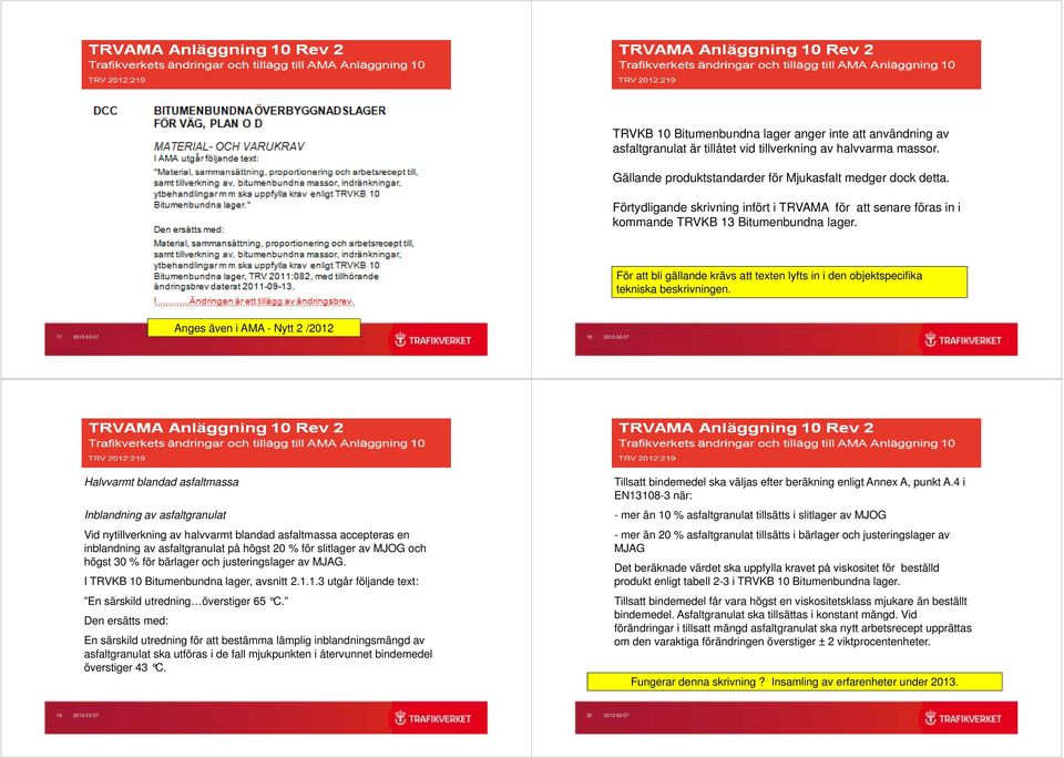 17 2013-02-07 Anges även i AMA - Nytt 2 /2012 18 2013-02-07 Halvvarmt blandad asfaltmassa Inblandning av asfaltgranulat Vid nytillverkning av halvvarmt blandad asfaltmassa accepteras en inblandning