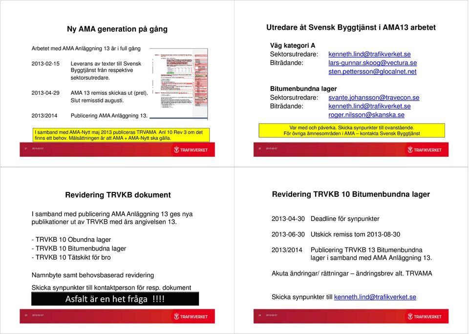 Utredare åt Svensk Byggtjänst i AMA13 arbetet Väg kategori A Sektorsutredare: Biträdande: kenneth.lind@trafikverket.se lars-gunnar.skoog@vectura.se sten.pettersson@glocalnet.