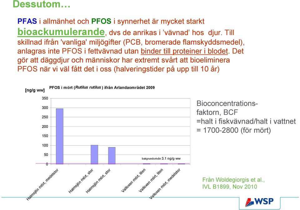 Det gör att däggdjur och människor har extremt svårt att bioeliminera POS när vi väl fått det i oss (halveringstider på upp till 10 år) [ng/g ww] POS i mört (Rutilus rutilus ) ifrån
