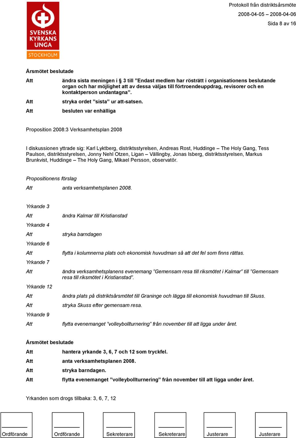 besluten var enhälliga Proposition 2008:3 Verksamhetsplan 2008 I diskussionen yttrade sig: Karl Lyktberg, distriktsstyrelsen, Andreas Rost, Huddinge The Holy Gang, Tess Paulson, distriktsstyrelsen,