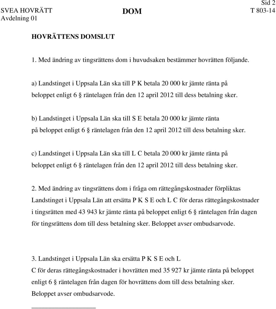 b) Landstinget i Uppsala Län ska till S E betala 20 000 kr jämte ränta på beloppet enligt 6 räntelagen från den 12 april 2012 till dess betalning sker.