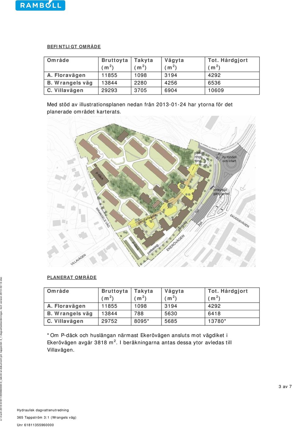 PLANERAT OMRÅDE Område Bruttoyta Takyta Vägyta A. Floravägen 11855 1098 3194 4292 B. Wrangels väg 13844 788 5630 6418 C.