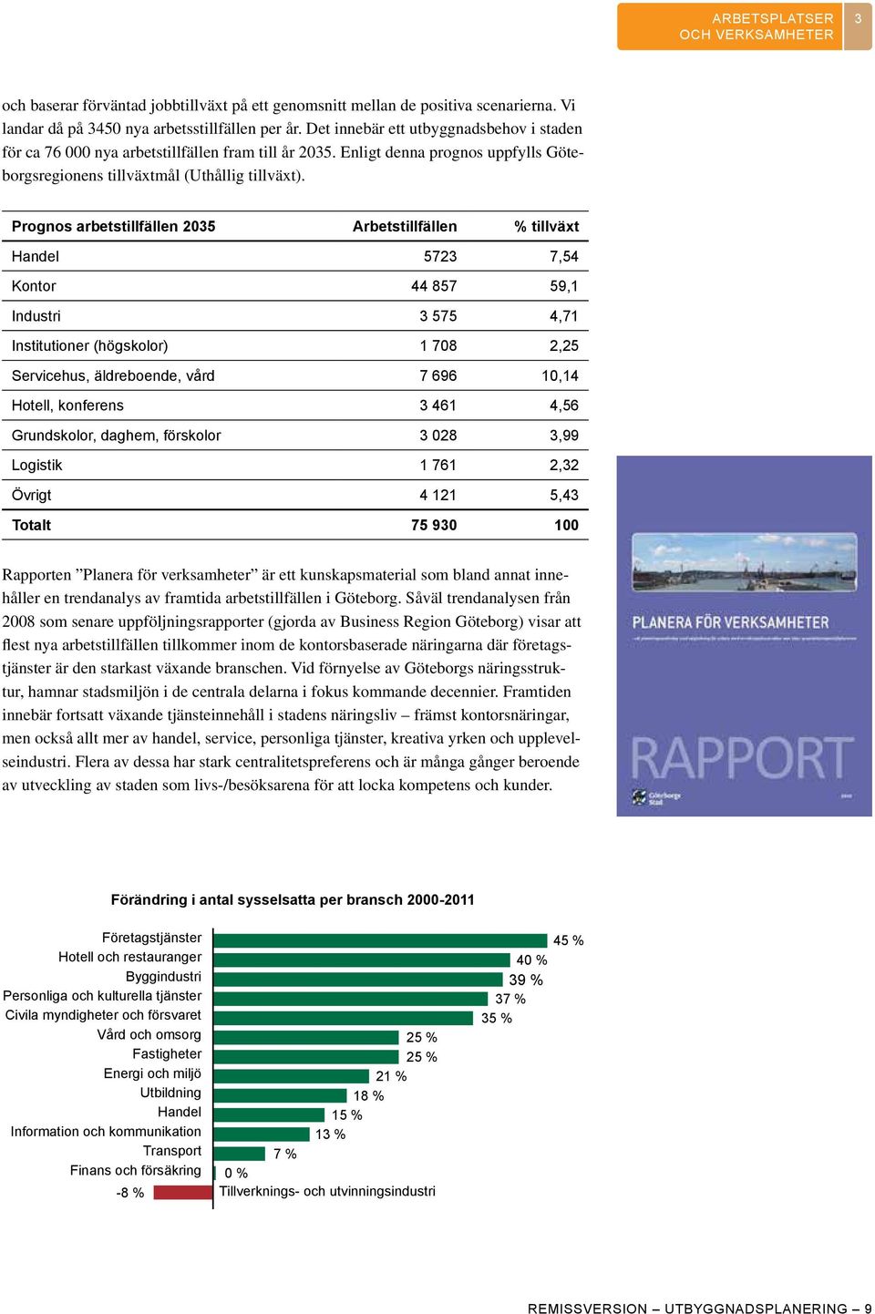 Prognos arbetstillfällen 2035 Arbetstillfällen % tillväxt Handel 5723 7,54 Kontor 44 857 59,1 Industri 3 575 4,71 Institutioner (högskolor) 1 708 2,25 Servicehus, äldreboende, vård 7 696 10,14