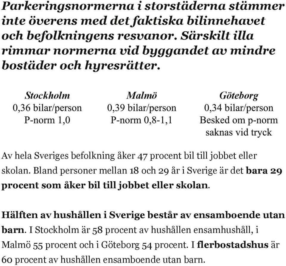 Stockholm Malmö Göteborg Av hela Sveriges befolkning åker 47 procent bil till jobbet eller skolan.