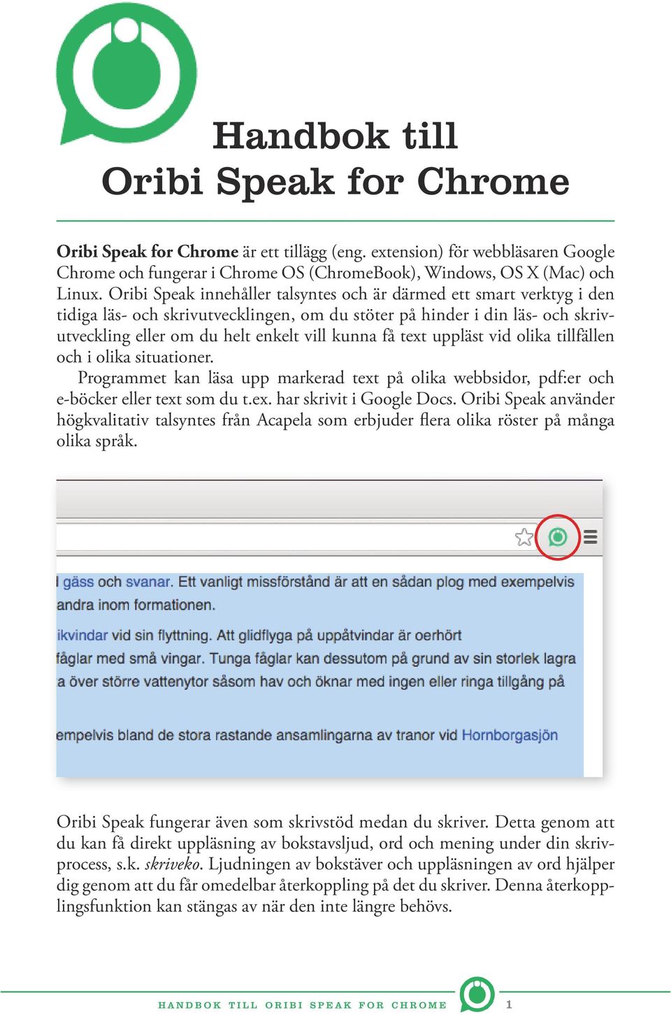 text uppläst vid olika tillfällen och i olika situationer. Programmet kan läsa upp markerad text på olika webbsidor, pdf:er och e-böcker eller text som du t.ex. har skrivit i Google Docs.