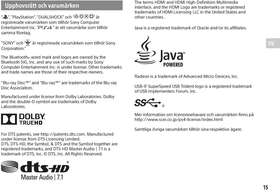 Java is a registered trademark of Oracle and/or its affiliates. SONY och Corporation.