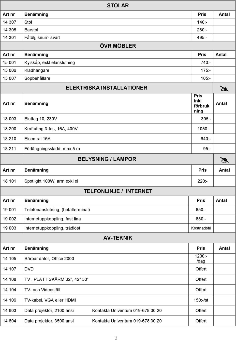 LAMPOR 18 101 Spotlight 100W, arm exkl el 220:- TELFONLINJE / INTERNET 19 001 Telefonanslutning, (betalterminal) 850:- 19 002 Internetuppkoppling, fast lina 850:- 19 003 Internetuppkoppling, trådlöst