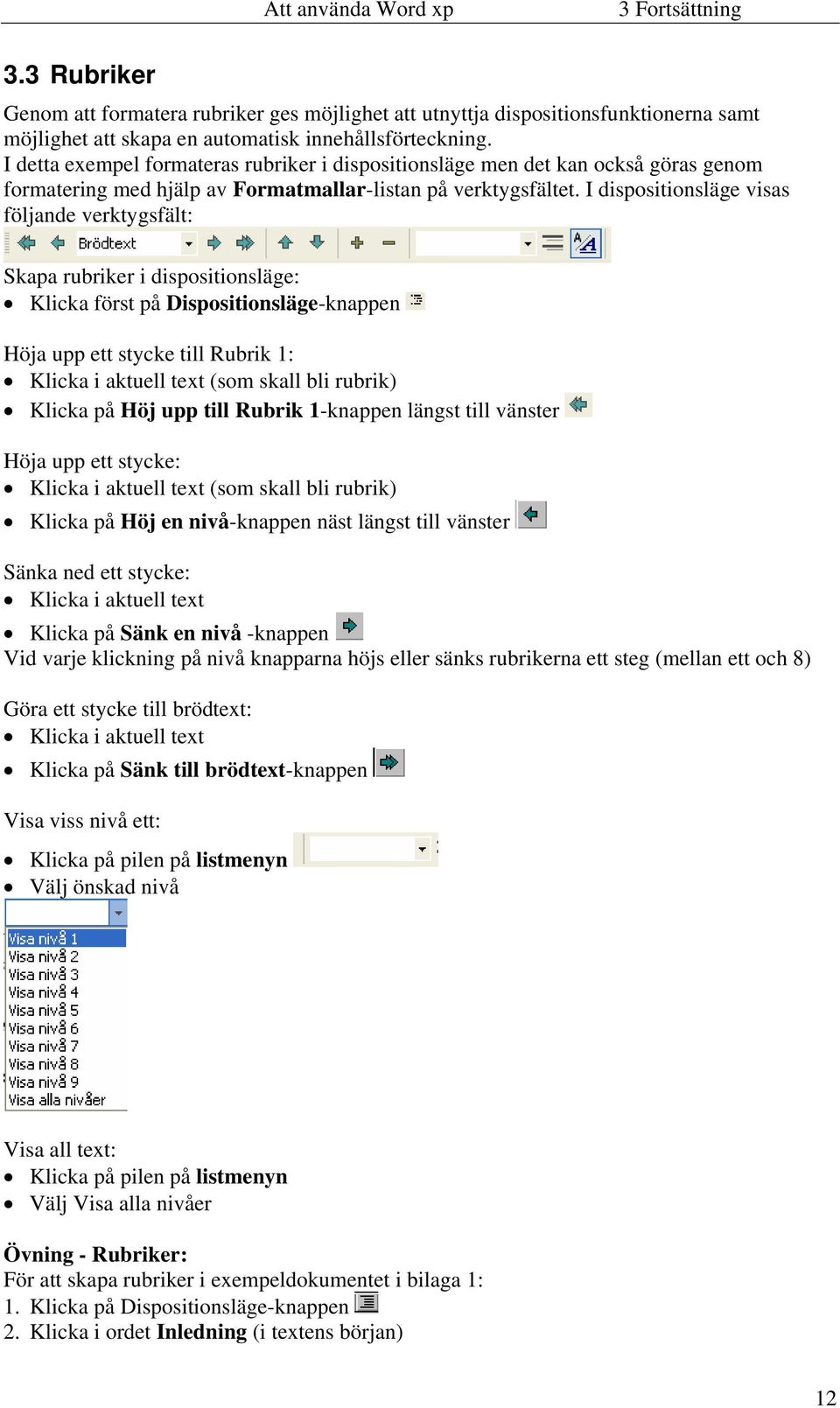 I dispositionsläge visas följande verktygsfält: Skapa rubriker i dispositionsläge: Klicka först på Dispositionsläge-knappen Höja upp ett stycke till Rubrik 1: Klicka i aktuell text (som skall bli