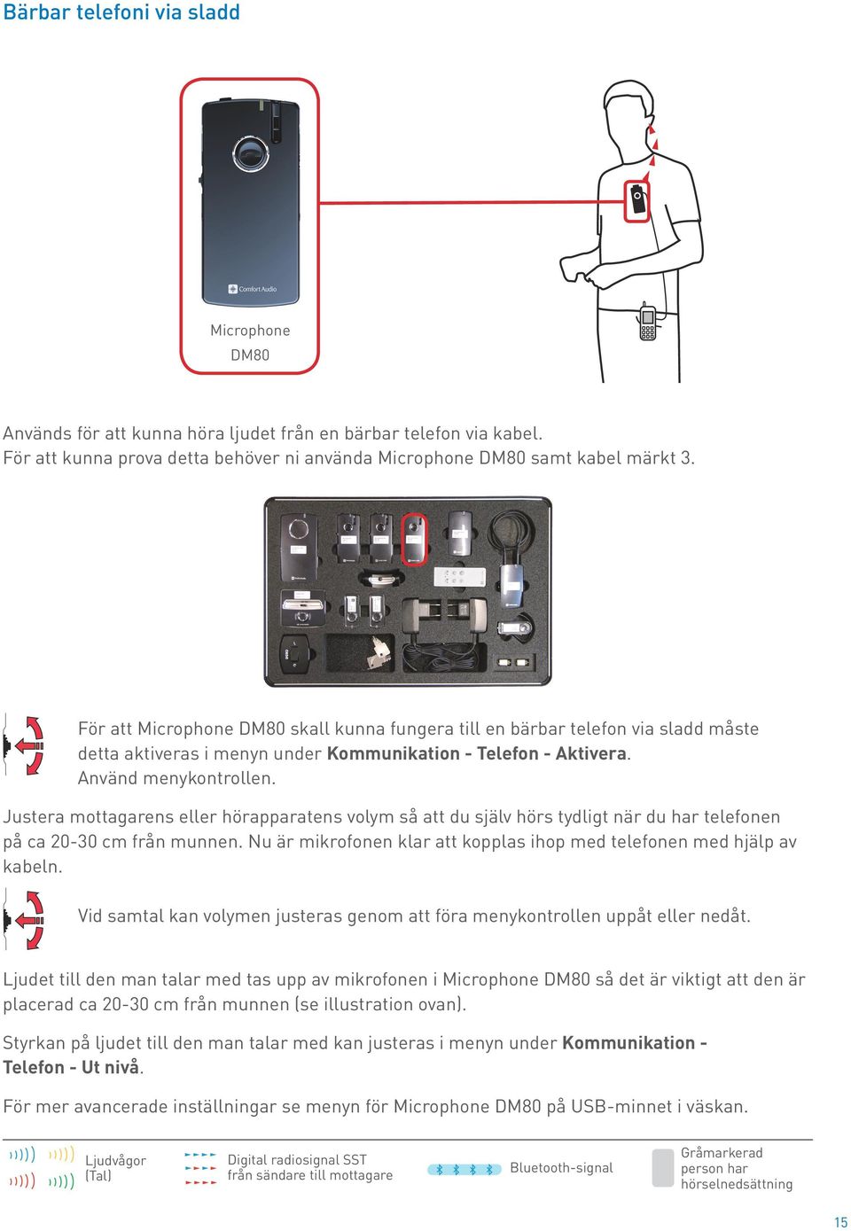 Justera mottagarens eller hörapparatens volym så att du själv hörs tydligt när du har telefonen på ca 20-30 cm från munnen. Nu är mikrofonen klar att kopplas ihop med telefonen med hjälp av kabeln.