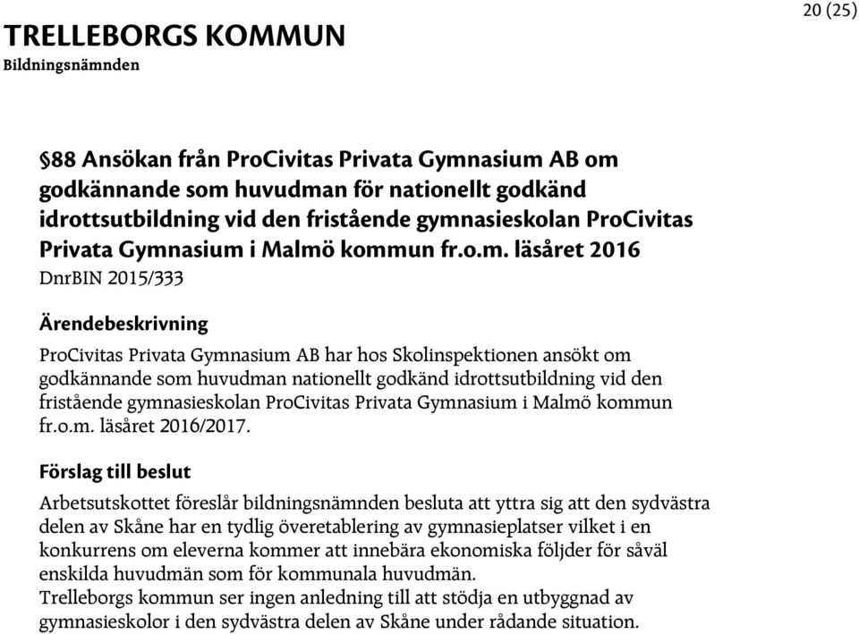 gymnasieskolan ProCivitas Privata Gymnasium i Malmö kommun fr.o.m. läsåret 2016/2017.