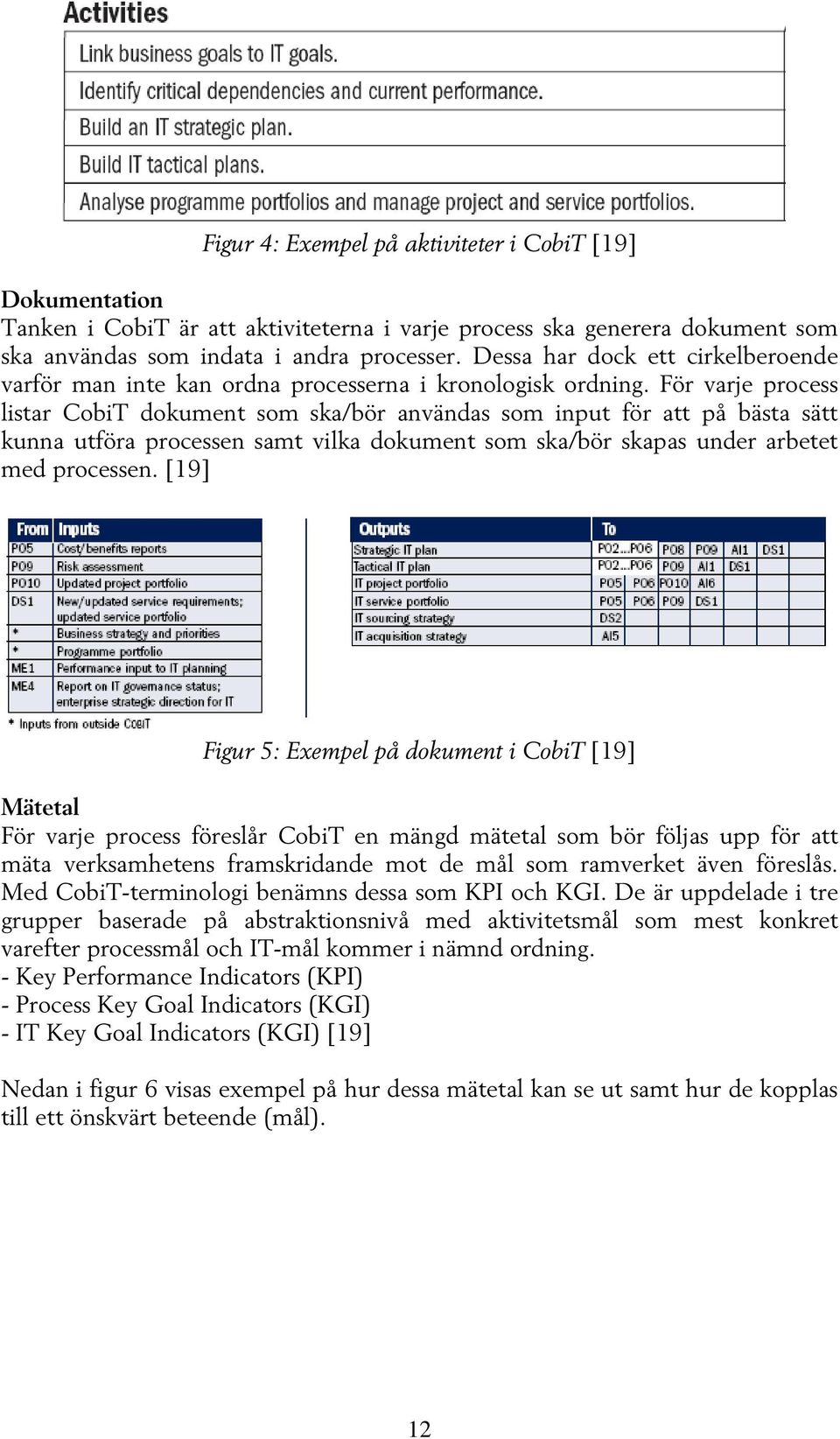 För varje process listar CobiT dokument som ska/bör användas som input för att på bästa sätt kunna utföra processen samt vilka dokument som ska/bör skapas under arbetet med processen.