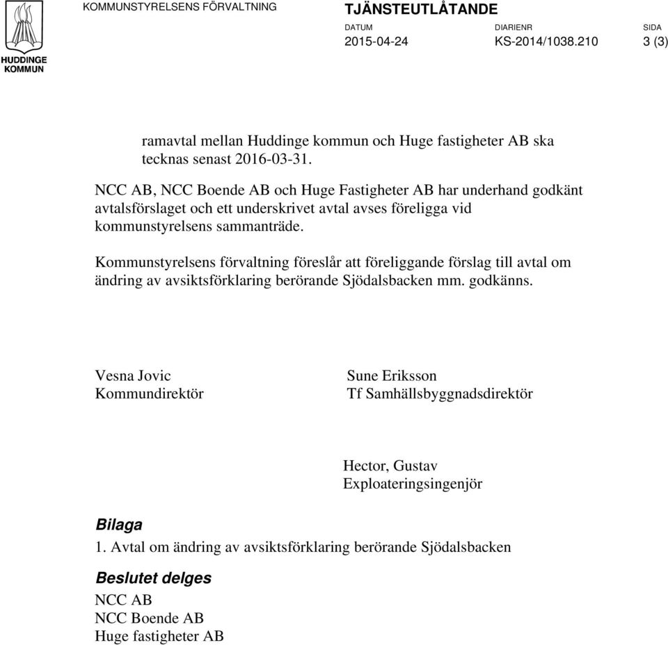 NCC AB, NCC Boende AB och Huge Fastigheter AB har underhand godkänt avtalsförslaget och ett underskrivet avtal avses föreligga vid kommunstyrelsens sammanträde.