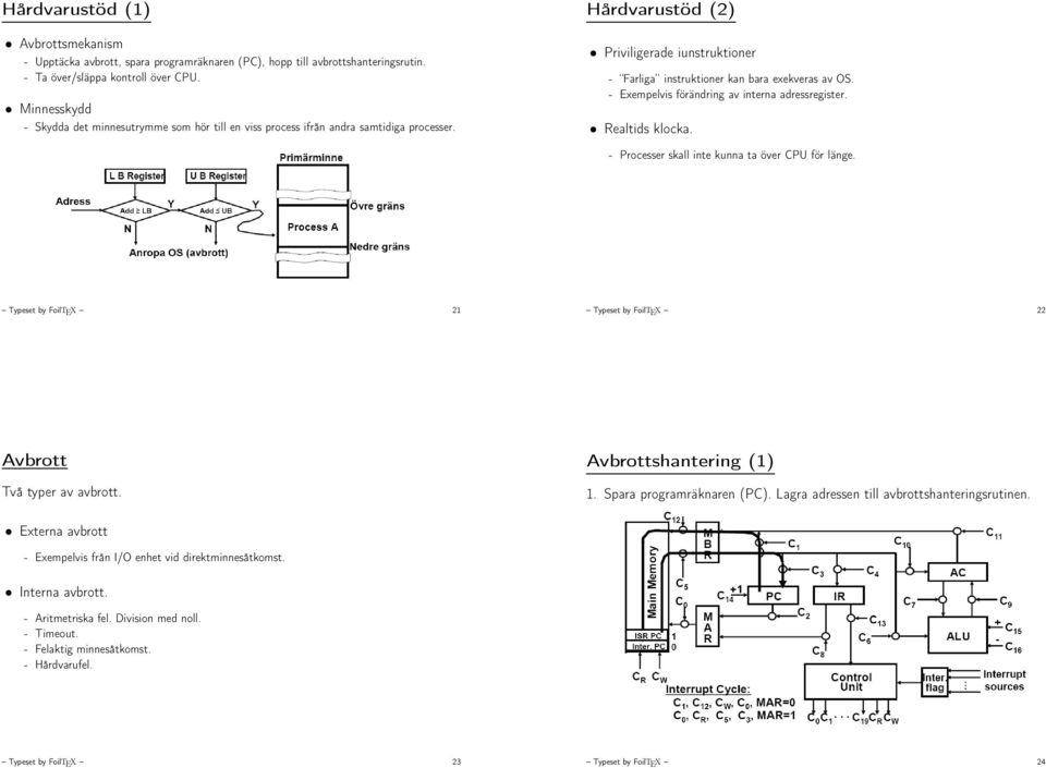 - Exempelvis förändring av interna adressregister. Realtids klocka. - Processer skall inte kunna ta över CPU för länge. Typeset by FoilTEX 21 Typeset by FoilTEX 22 Avbrott Två typer av avbrott.
