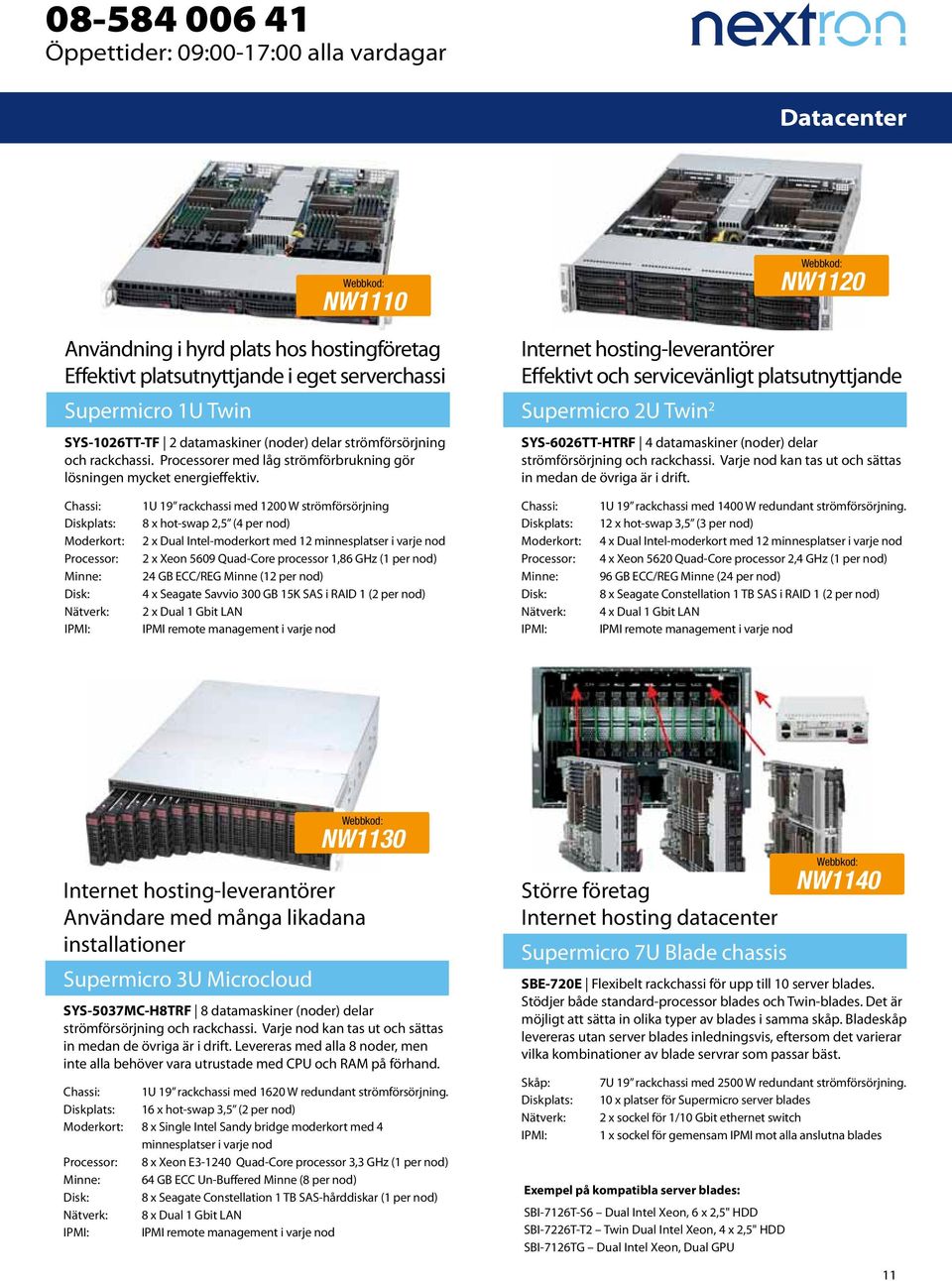 NW1120 Internet hosting-leverantörer Effektivt och servicevänligt platsutnyttjande Supermicro 2U Twin 2 SYS-6026TT-HTRF 4 datamaskiner (noder) delar strömförsörjning och rackchassi.