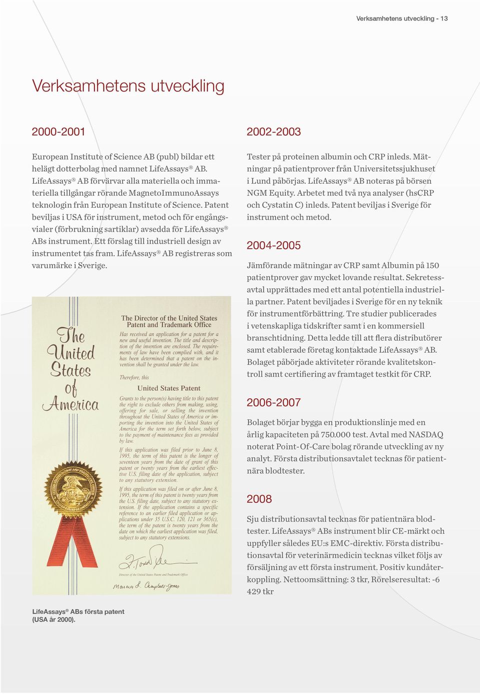 Patent beviljas i USA för instrument, metod och för engångsvialer (förbrukning sartiklar) avsedda för LifeAssays ABs instrument. Ett förslag till industriell design av instrumentet tas fram.
