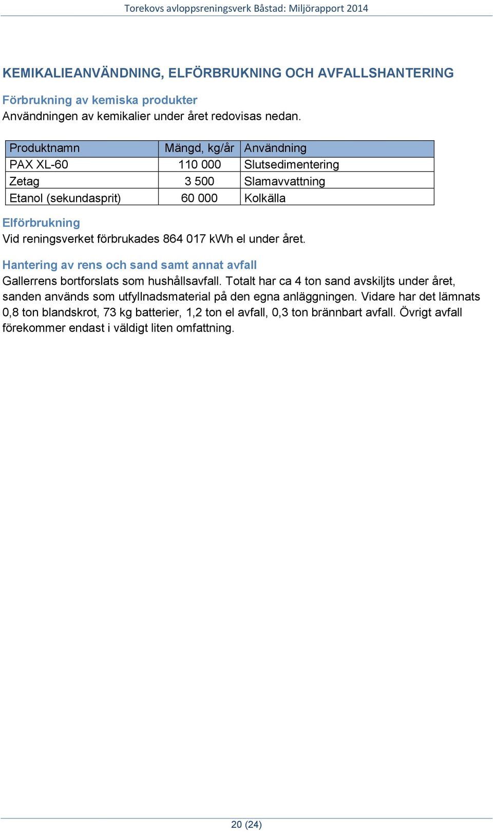 864 017 kwh el under året. Hantering av rens och sand samt annat avfall Gallerrens bortforslats som hushållsavfall.