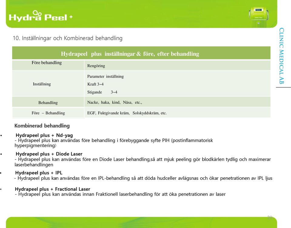 Kombinerad behandling Hydrapeel plus + Nd-yag - Hydrapeel plus kan användas före behandling i förebyggande syfte PIH (postinflammatorisk hyperpigmentering) Hydrapeel plus + Diode Laser - Hydrapeel