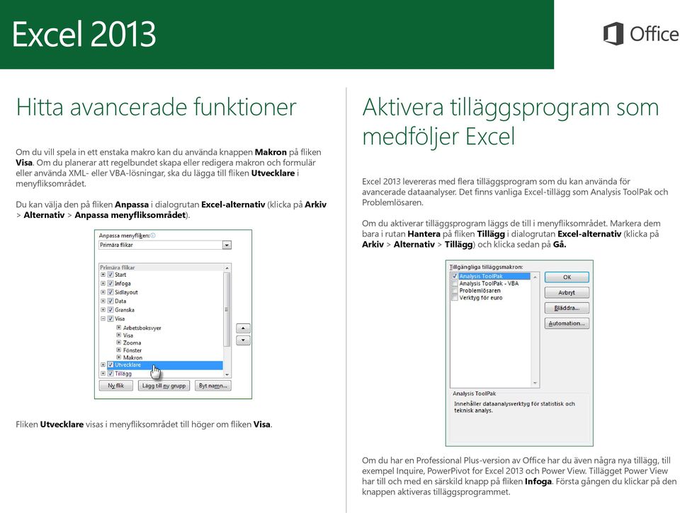 Du kan välja den på fliken Anpassa i dialogrutan Excel-alternativ (klicka på Arkiv > Alternativ > Anpassa menyfliksområdet).
