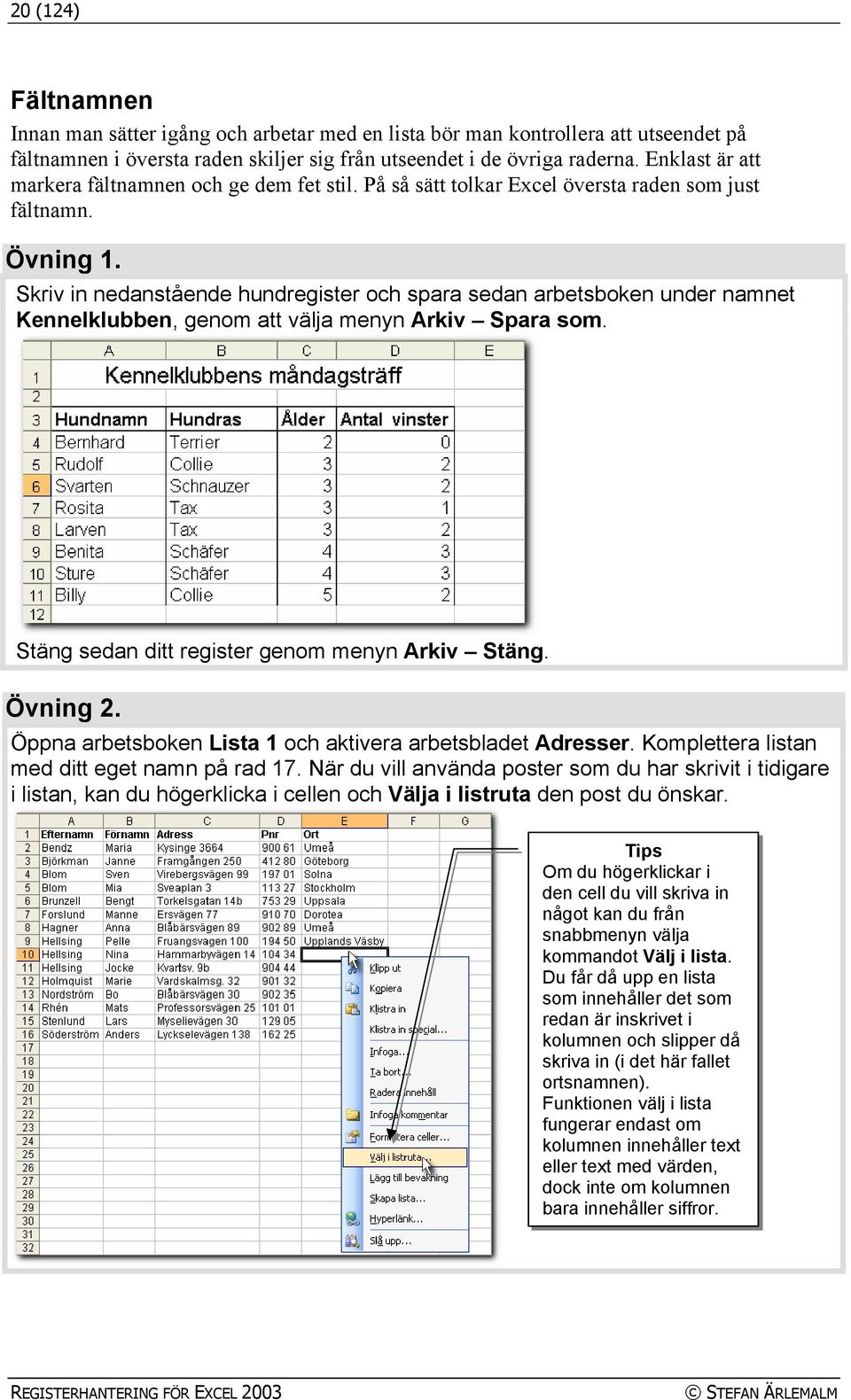 Skriv in nedanstående hundregister och spara sedan arbetsboken under namnet Kennelklubben, genom att välja menyn Arkiv Spara som. Stäng sedan ditt register genom menyn Arkiv Stäng. Övning 2.