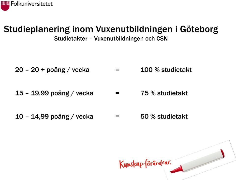 / vecka = 100 % studietakt 15 19,99 poäng / vecka =