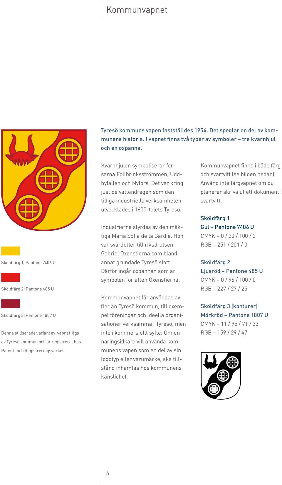 Kvarnhjulen symboliserar forsarna Follbrinksströmmen, Uddbyfallen och Nyfors. Det var kring just de vattendragen som den tidiga industriella verksamheten utvecklades i 1600-talets Tyresö.