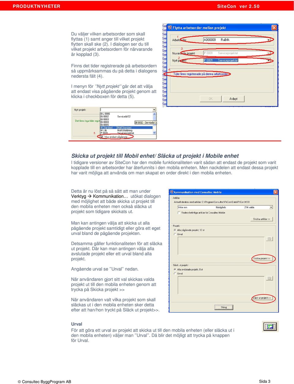 I menyn för Nytt projekt går det att välja att endast visa pågående projekt genom att klicka i checkboxen för detta (5).