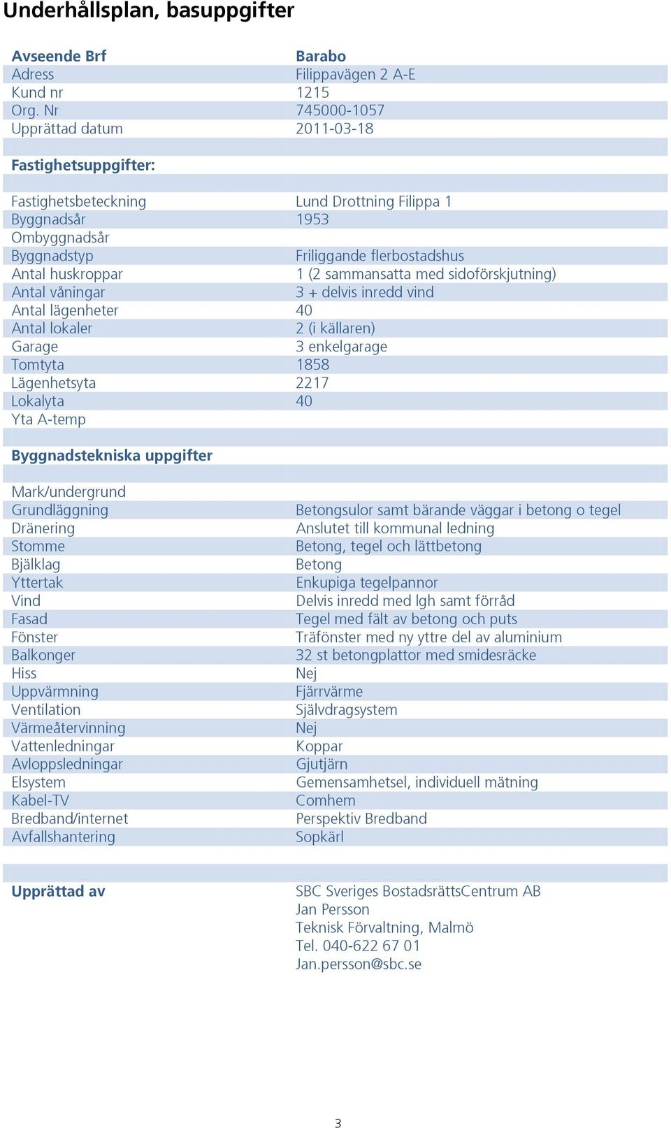 sammansatta med sidoförskjutning) Antal våningar 3 + delvis inredd vind Antal lägenheter 40 Antal lokaler 2 (i källaren) Garage 3 enkelgarage Tomtyta 1858 Lägenhetsyta 2217 Lokalyta 40 Yta A-temp