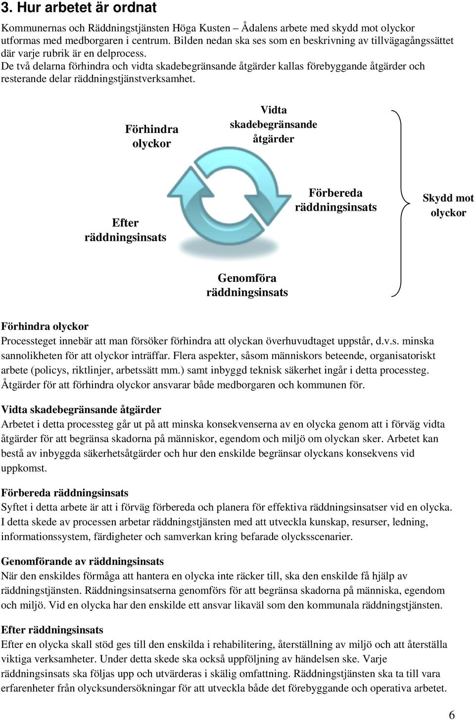 De två delarna förhindra och vidta skadebegränsande åtgärder kallas förebyggande åtgärder och resterande delar räddningstjänstverksamhet.