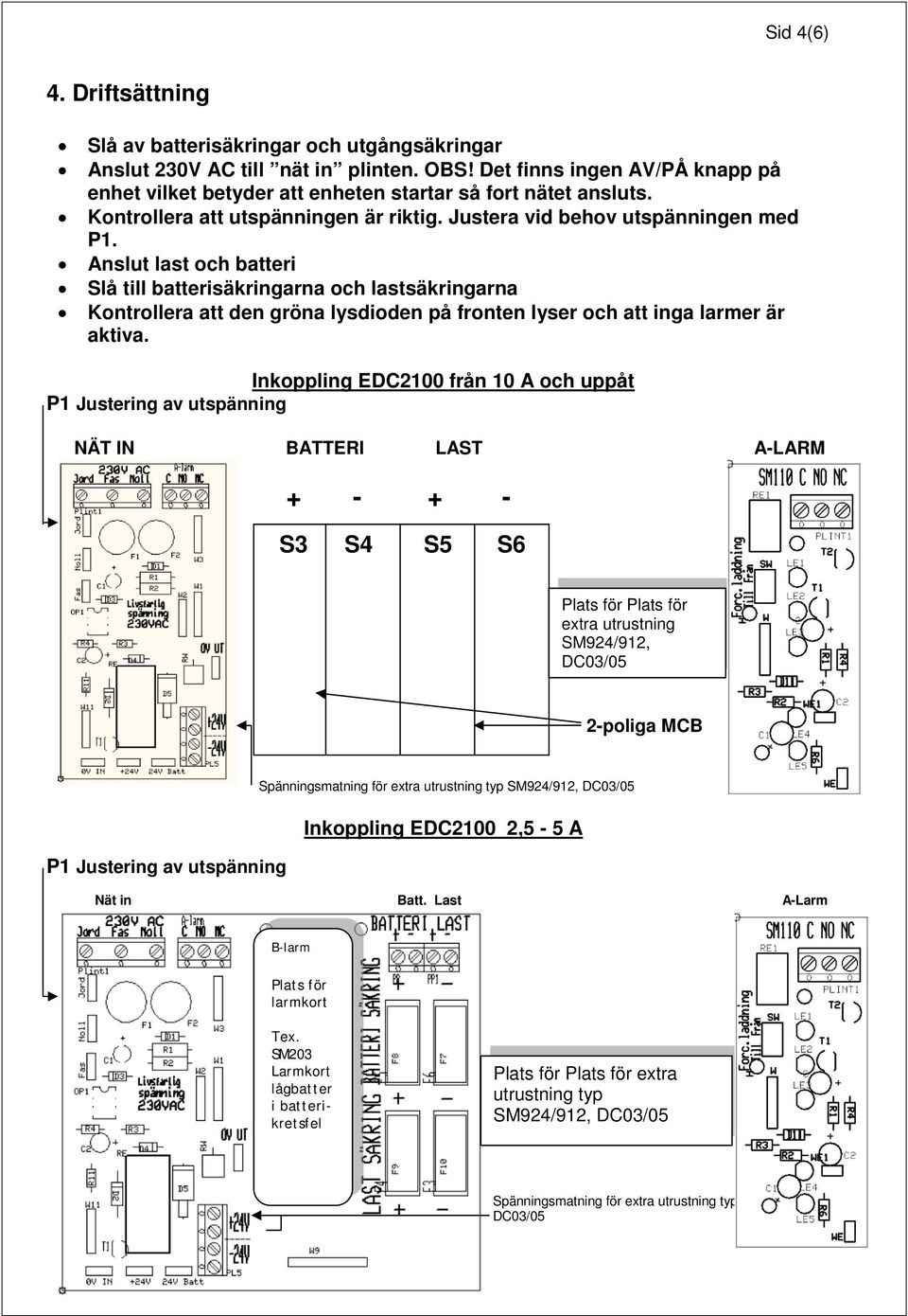 Anslut last och batteri Slå till batterisäkringarna och lastsäkringarna Kontrollera att den gröna lysdioden på fronten lyser och att inga larmer är aktiva.