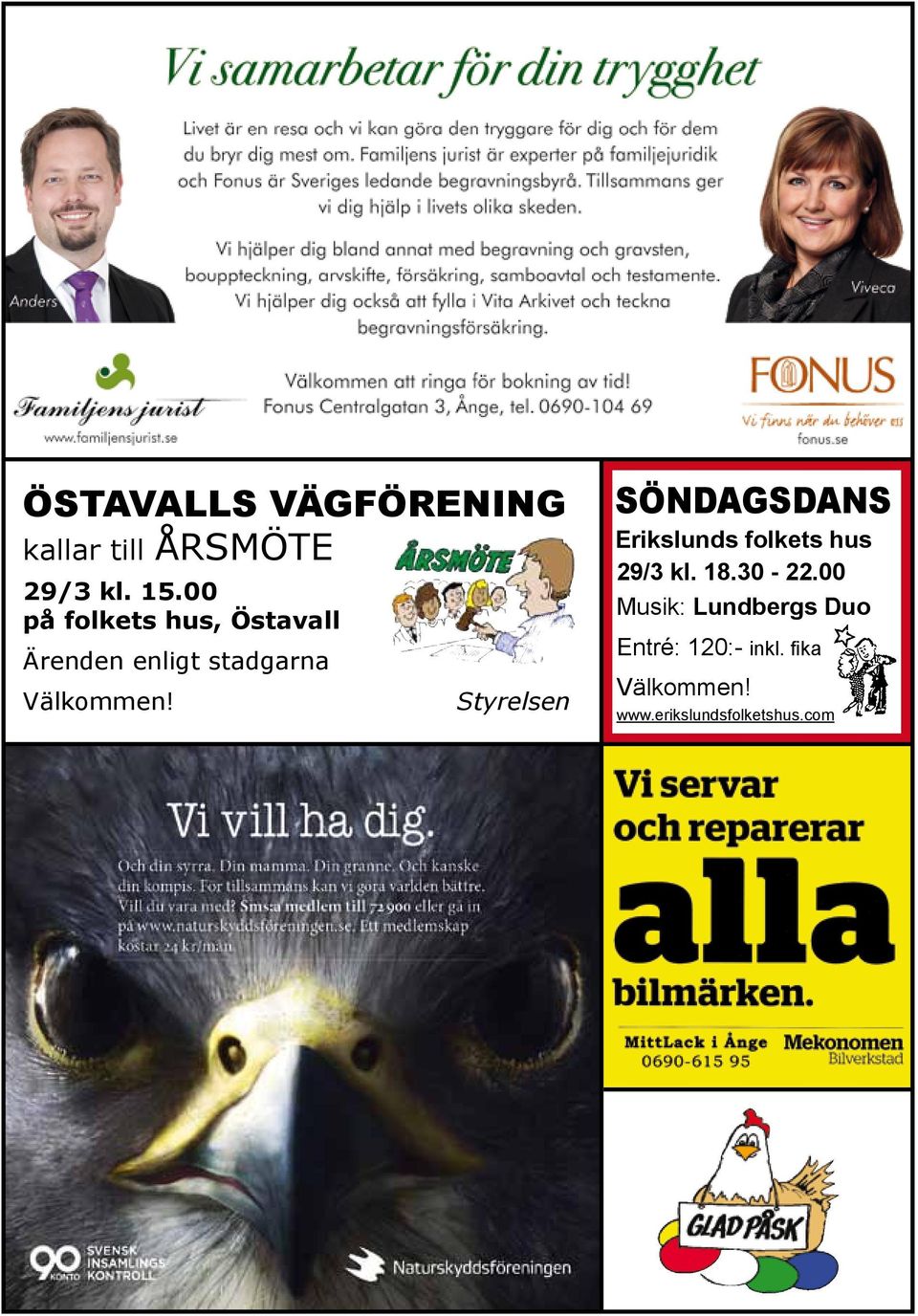 Styrelsen Söndagsdans Erikslunds folkets hus 29/3 kl. 18.