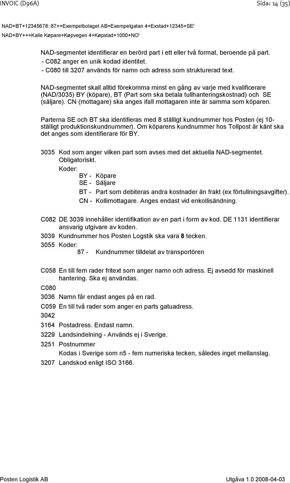 NAD-segmentet skall alltid förekomma minst en gång av varje med kvalificerare (NAD/3035) BY (köpare), BT (Part som ska betala tullhanteringskostnad) och SE (säljare).