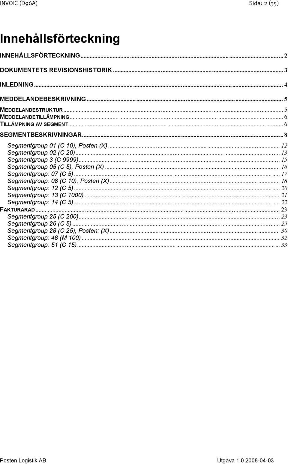 .. 15 Segmentgroup 05 (C 5), Posten (X)... 16 Segmentgroup: 07 (C 5)... 17 Segmentgroup: 08 (C 10), Posten (X)... 18 Segmentgroup: 12 (C 5)... 20 Segmentgroup: 13 (C 1000).