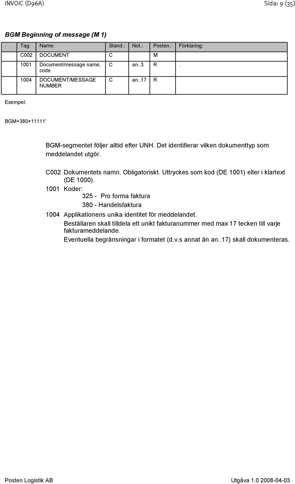 Obligatoriskt. Uttryckes som kod (DE 1001) eller i klartext (DE 1000).