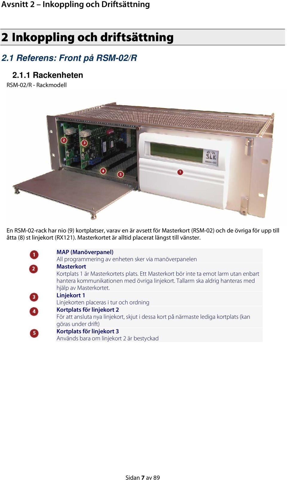 1 Rackenheten RSM-02/R - Rackmodell En RSM-02-rack har nio (9) kortplatser, varav en är avsett för Masterkort (RSM-02) och de övriga för upp till åtta (8) st linjekort (RX121).