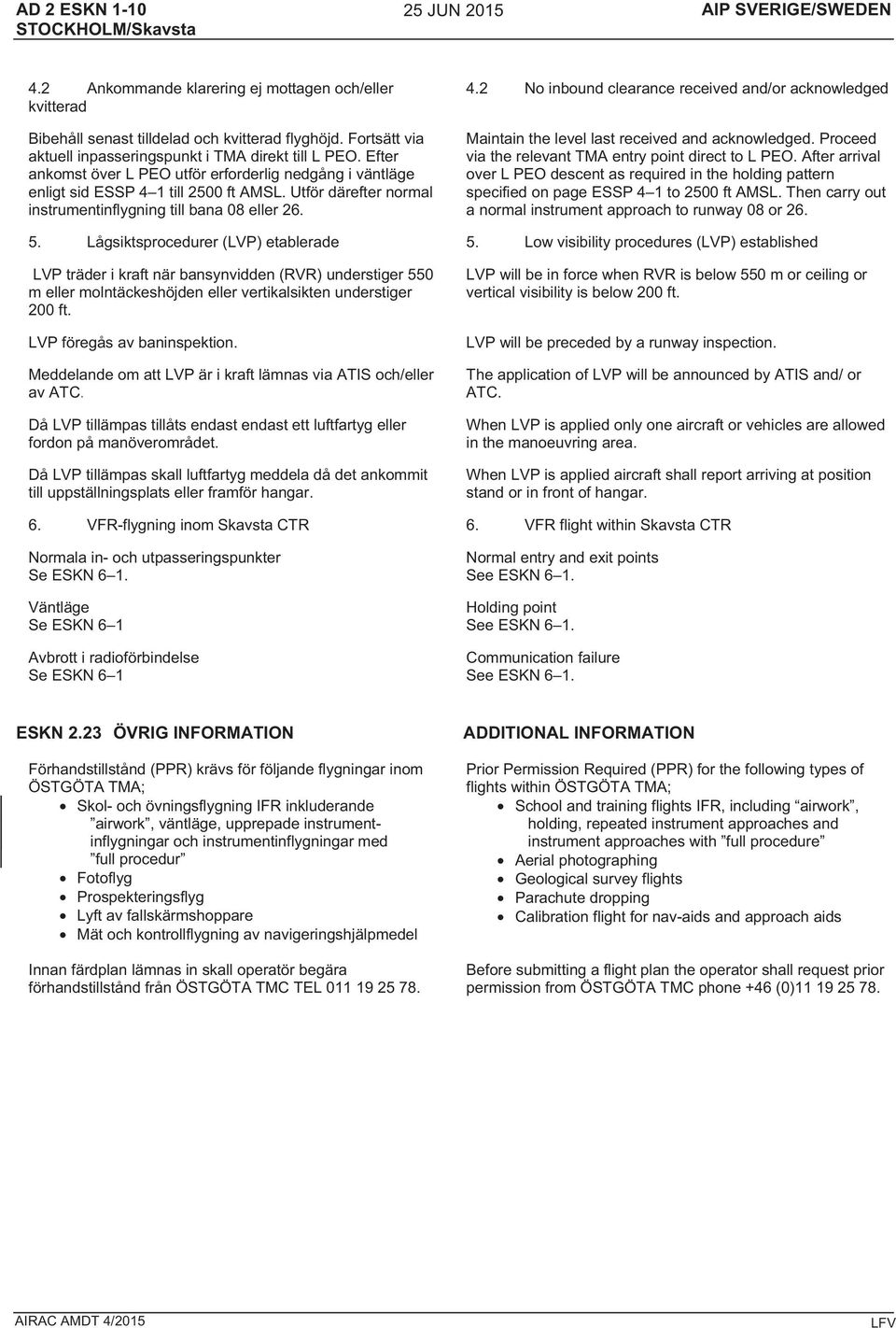 Utför därefter normal instrumentinflygning till bana 08 eller 26. 4.2 No inbound clearance received and/or acknowledged Maintain the level last received and acknowledged.