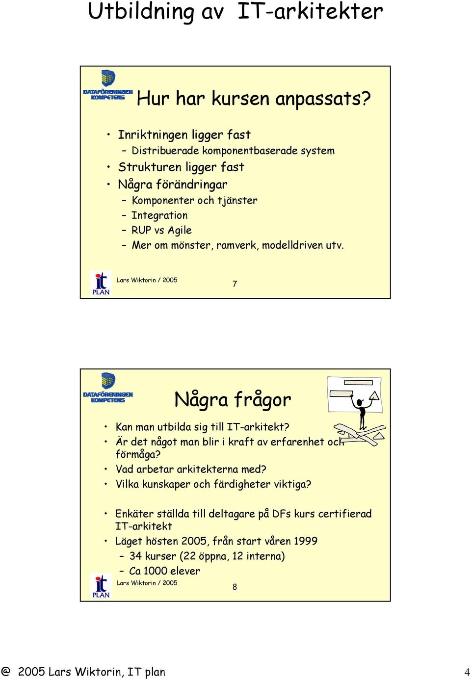 RUP vs Agile Mer om mönster, ramverk, modelldriven utv. 7 Några frågor Kan man utbilda sig till IT-arkitekt?