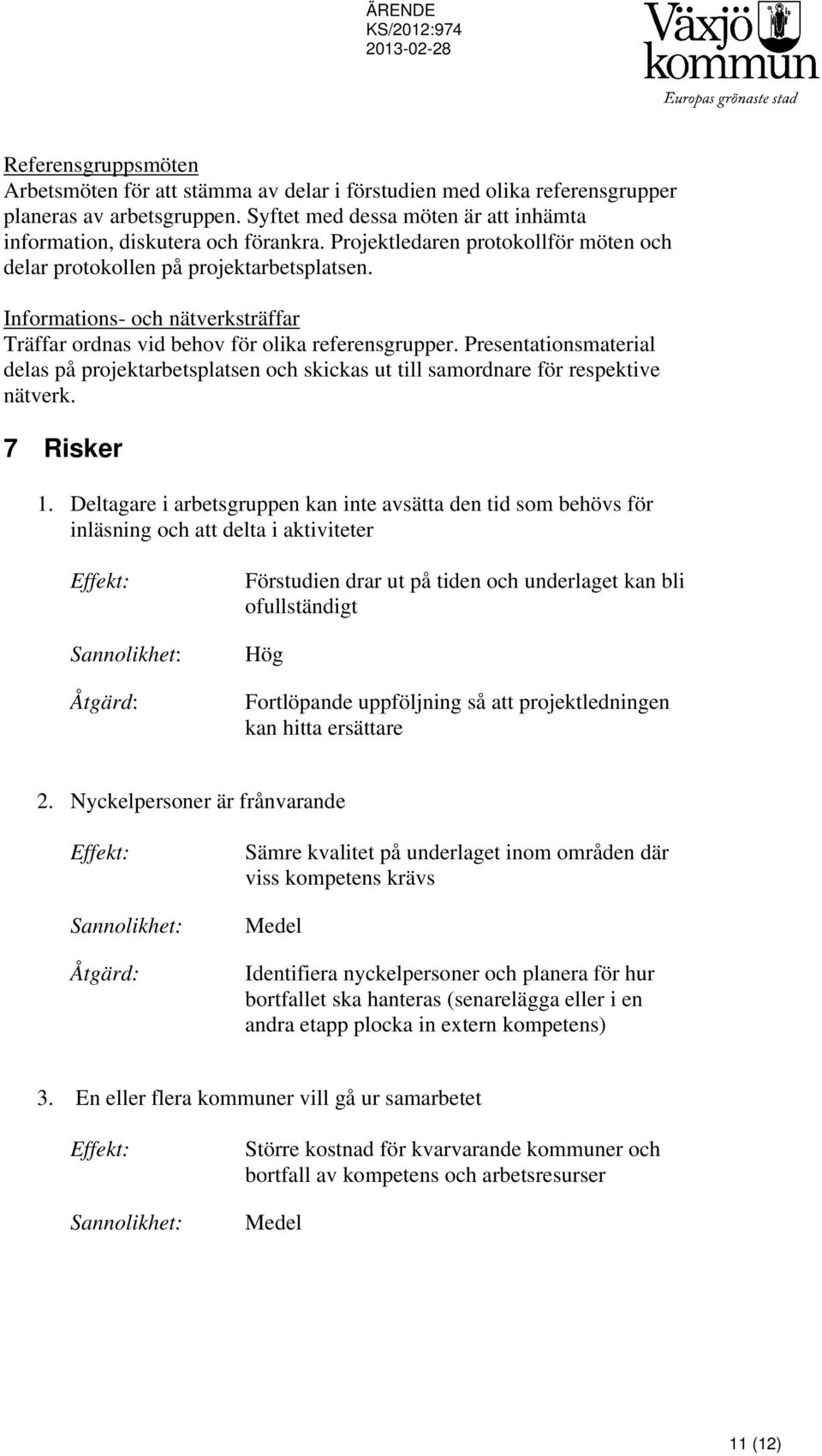 Presentationsmaterial delas på projektarbetsplatsen och skickas ut till samordnare för respektive nätverk. 7 Risker 1.