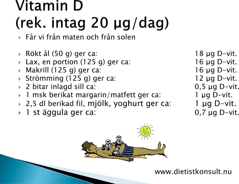 Strömming (125 g) ger ca: 12 μg D-vit. 2 bitar inlagd sill ca: 0,5 μg D-vit.