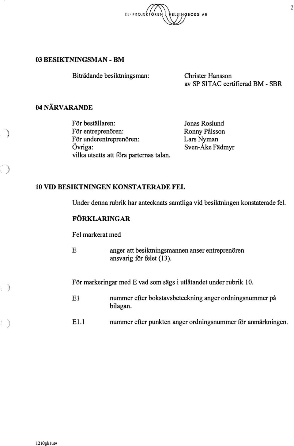 Jonas Roslund Ronny Pälsson Lars Nyman Sven-Åke Fädmyr 10 VID BESIKTNINGEN KONSTATERADE FEL Under denna rubrik har antecknats samtliga vid besiktningen konstaterade fel.