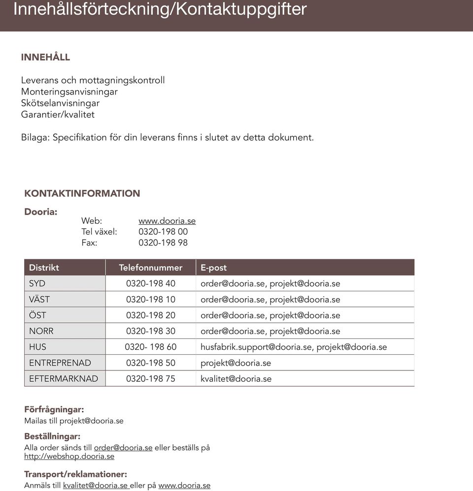 se VÄST 0320-198 10 order@dooria.se, projekt@dooria.se ÖST 0320-198 20 order@dooria.se, projekt@dooria.se NORR 0320-198 30 order@dooria.se, projekt@dooria.se HUS 0320-198 60 husfabrik.support@dooria.