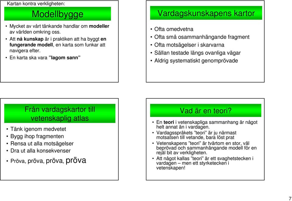 En karta ska vara lagom sann Vardagskunskapens kartor Ofta omedvetna Ofta små osammanhängande fragment Ofta motsägelser i skarvarna Sällan testade längs ovanliga vägar Aldrig systematiskt