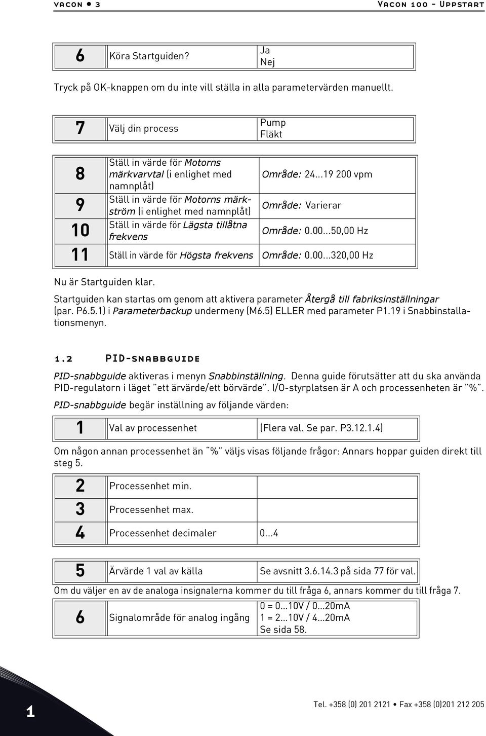 ..19 200 vpm Ställ in värde för Motorns märkström (i enlighet med namnplåt) 9 Område: Varierar Ställ in värde för Lägsta tillåtna 10 frekvens Område: 0.00...50,00 Hz 11 Ställ in värde för Högsta frekvens Område: 0.