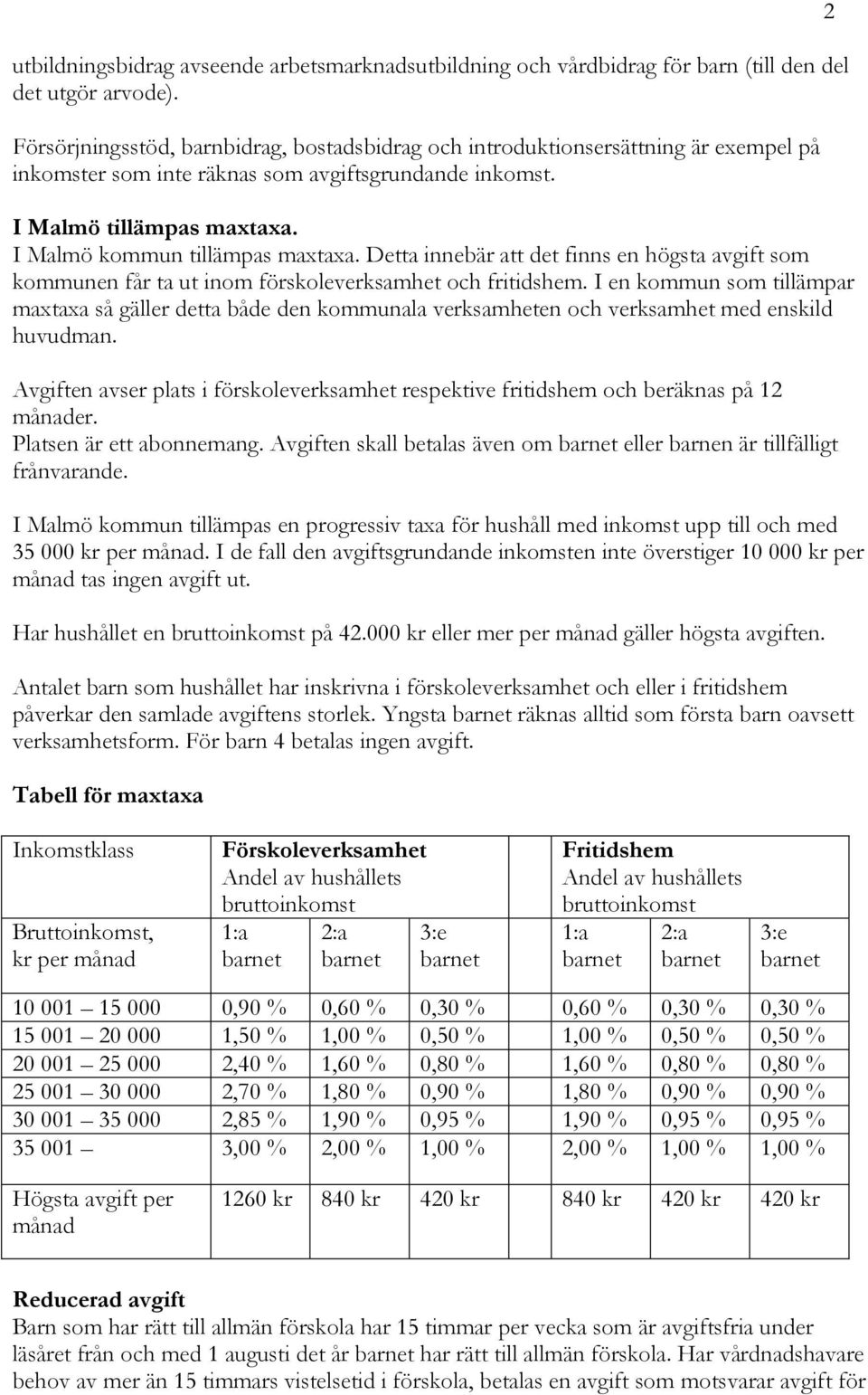 I Malmö kommun tillämpas maxtaxa. Detta innebär att det finns en högsta avgift som kommunen får ta ut inom förskoleverksamhet och fritidshem.