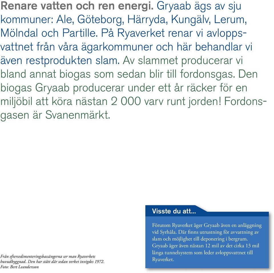 Den biogas Gryaab producerar under ett år räcker för en miljöbil att köra nästan 2 000 varv runt jorden! Fordonsgasen är Svanenmärkt. Visste du att.