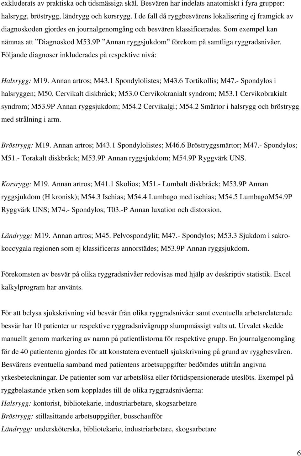 9P Annan ryggsjukdom förekom på samtliga ryggradsnivåer. Följande diagnoser inkluderades på respektive nivå: Halsrygg: M19. Annan artros; M43.1 Spondylolistes; M43.6 Tortikollis; M47.